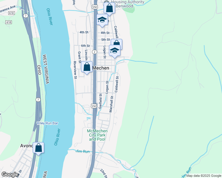 map of restaurants, bars, coffee shops, grocery stores, and more near 1112 Logan Street in McMechen