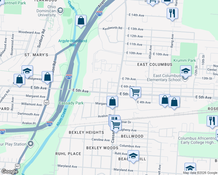 map of restaurants, bars, coffee shops, grocery stores, and more near 2692 East 5th Avenue in Columbus