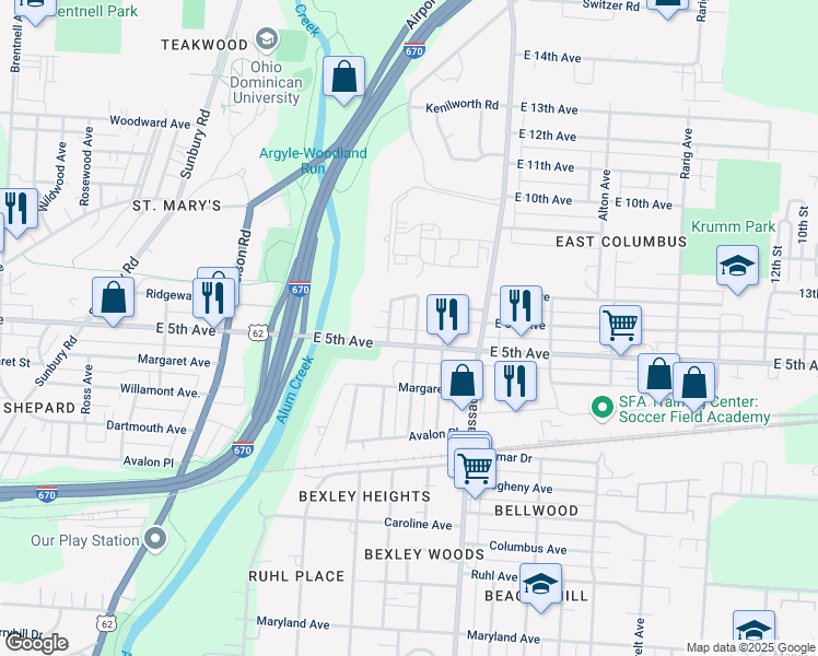 map of restaurants, bars, coffee shops, grocery stores, and more near 2584 East 5th Avenue in Columbus