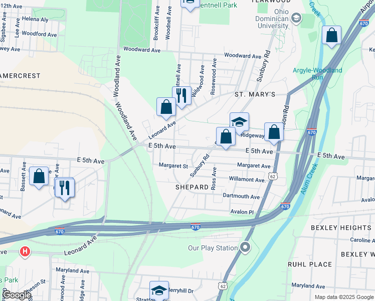 map of restaurants, bars, coffee shops, grocery stores, and more near in Columbus