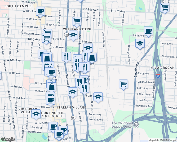 map of restaurants, bars, coffee shops, grocery stores, and more near 1086 North 4th Street in Columbus