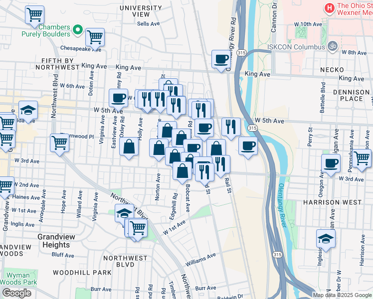map of restaurants, bars, coffee shops, grocery stores, and more near 1273 Edgehill Road in Columbus