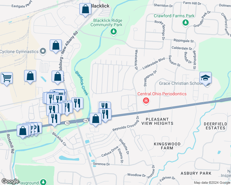 map of restaurants, bars, coffee shops, grocery stores, and more near 7427 Kirkdale Drive in Blacklick