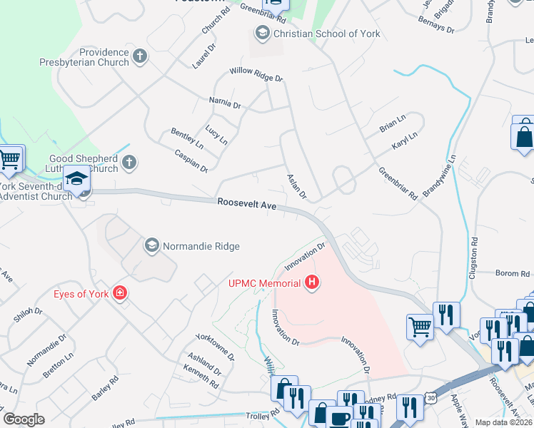 map of restaurants, bars, coffee shops, grocery stores, and more near 1910 Roosevelt Ave in York