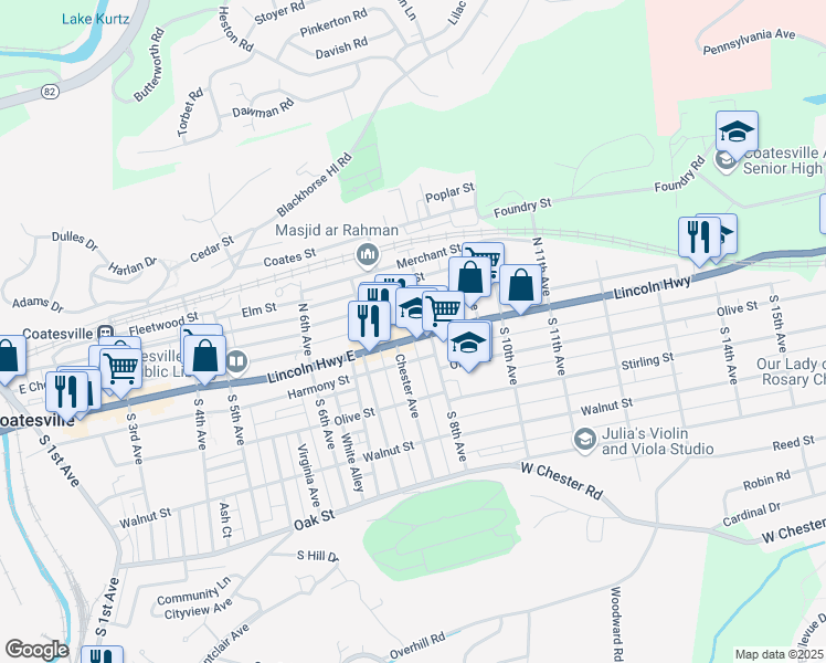 map of restaurants, bars, coffee shops, grocery stores, and more near 755 U.S. 30 Business in Coatesville