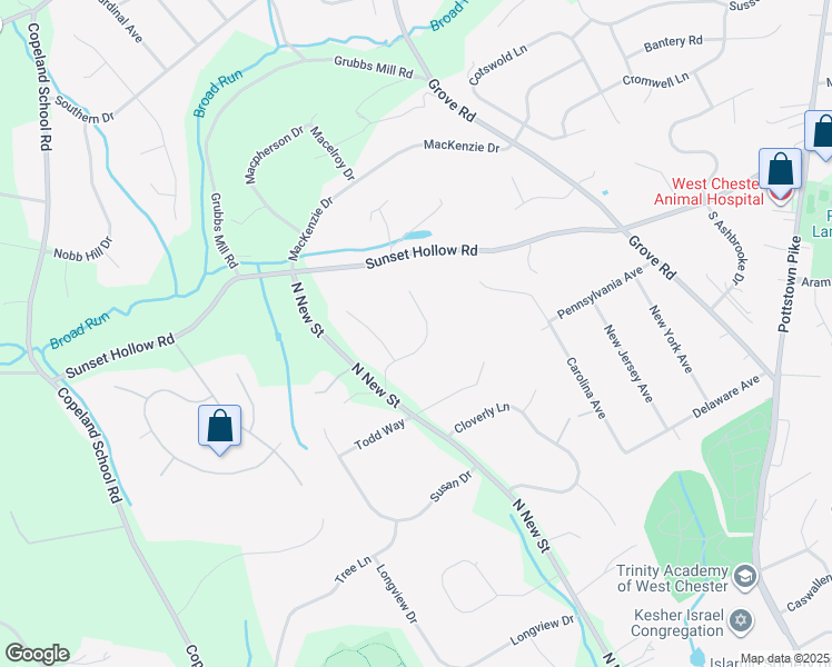map of restaurants, bars, coffee shops, grocery stores, and more near 105 Fox Knoll Lane in West Chester