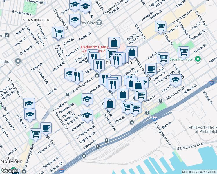 map of restaurants, bars, coffee shops, grocery stores, and more near 2501 E Clearfield St in Philadelphia