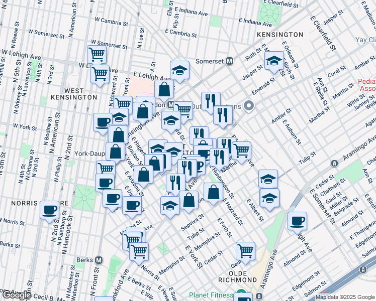 map of restaurants, bars, coffee shops, grocery stores, and more near 2024 East Hazzard Street in Philadelphia