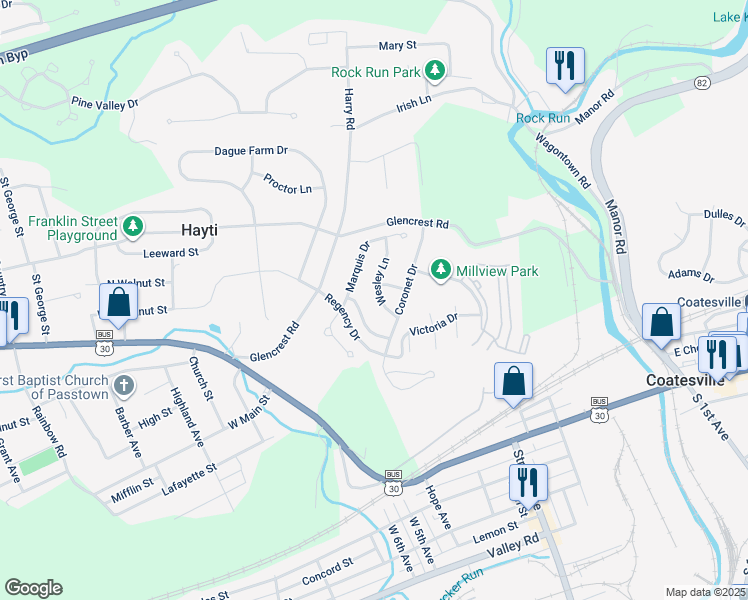 map of restaurants, bars, coffee shops, grocery stores, and more near 113 Wesley Lane in Coatesville