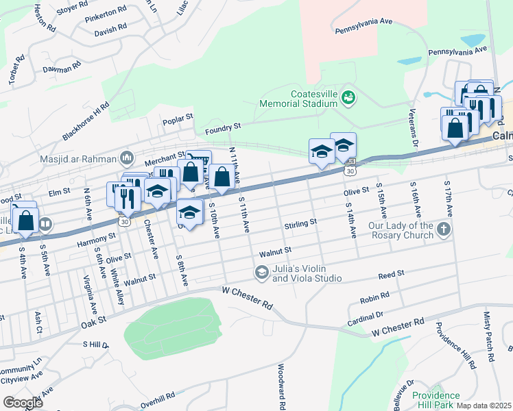 map of restaurants, bars, coffee shops, grocery stores, and more near 1113 Olive Street in Coatesville