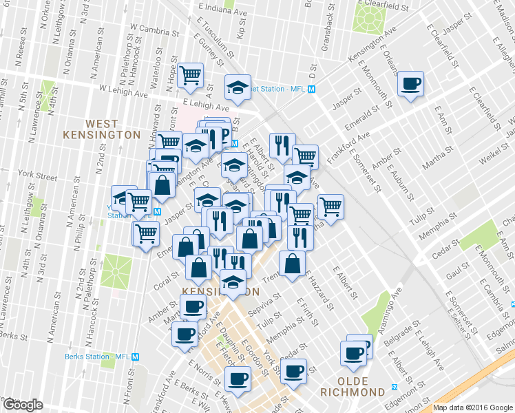 map of restaurants, bars, coffee shops, grocery stores, and more near 2024 East Hazzard Street in Philadelphia