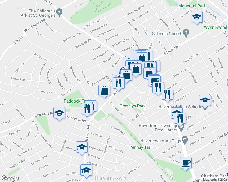map of restaurants, bars, coffee shops, grocery stores, and more near 114 West Eagle Road in Havertown