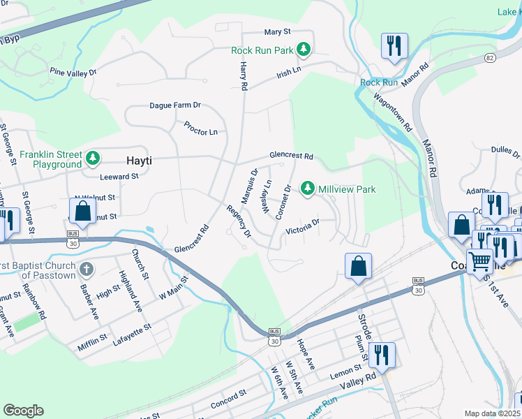 map of restaurants, bars, coffee shops, grocery stores, and more near 113 Wesley Lane in Coatesville