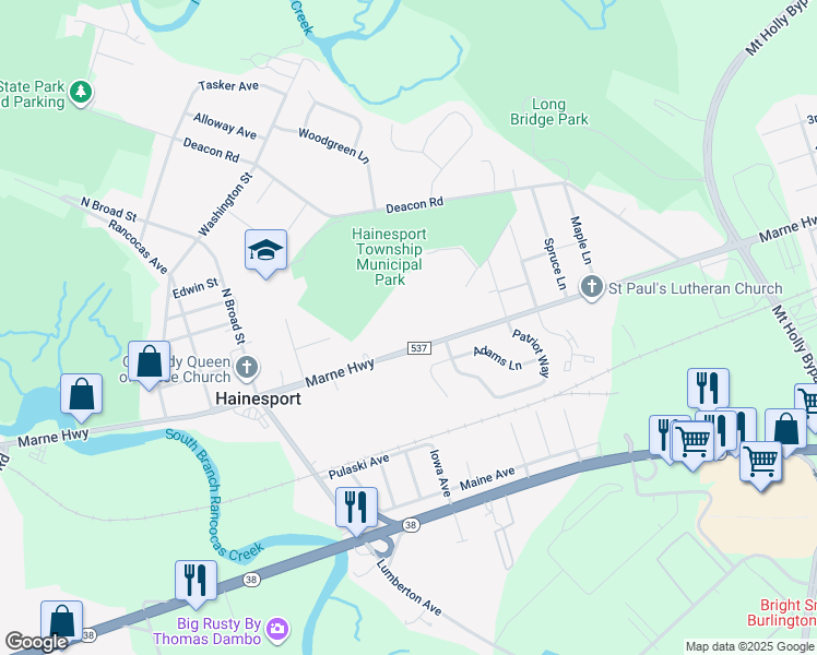 map of restaurants, bars, coffee shops, grocery stores, and more near 1401 Marne Highway in Hainesport