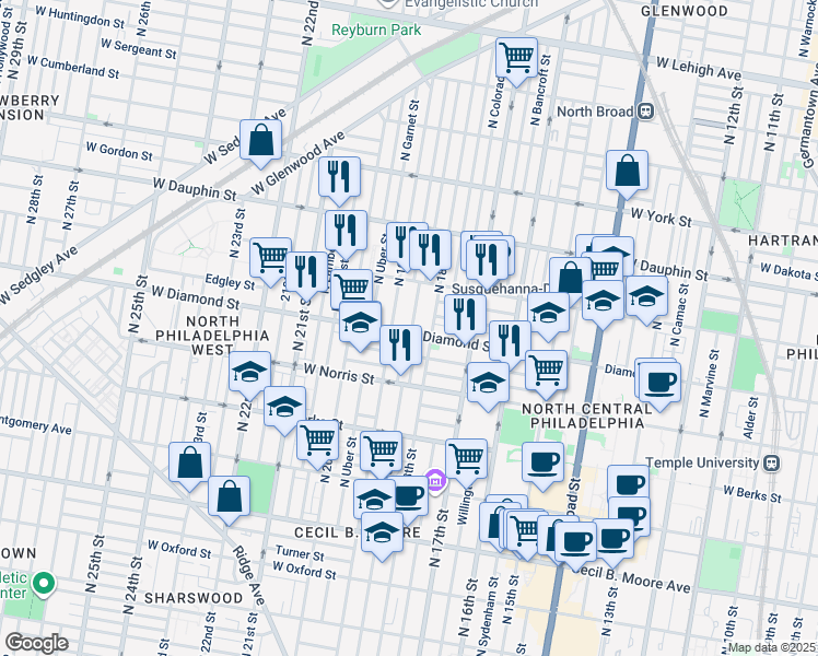 map of restaurants, bars, coffee shops, grocery stores, and more near 1835 West Diamond street in Philadelphia