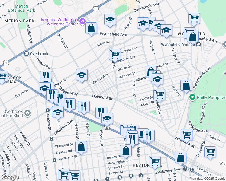 map of restaurants, bars, coffee shops, grocery stores, and more near 5666 Arlington Street in Philadelphia