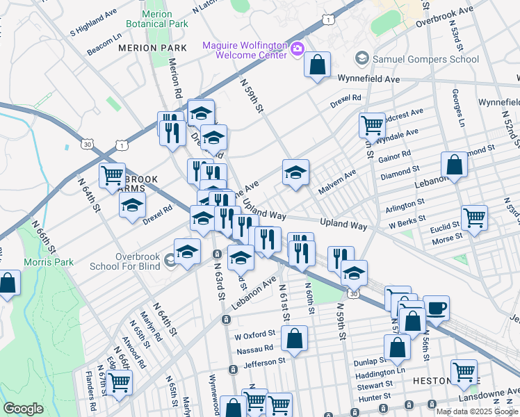 map of restaurants, bars, coffee shops, grocery stores, and more near 5961 Upland Way in Philadelphia