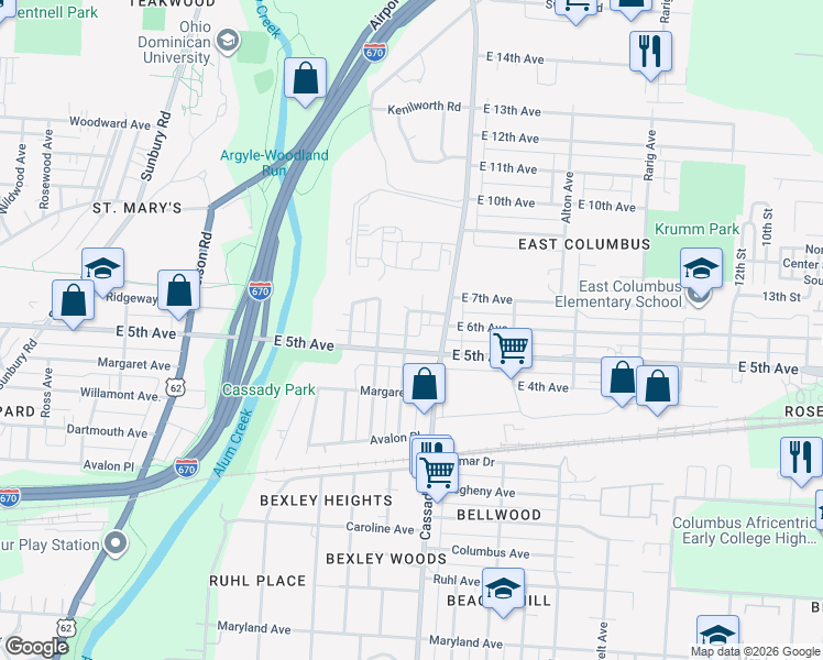 map of restaurants, bars, coffee shops, grocery stores, and more near 2692 East 5th Avenue in Columbus