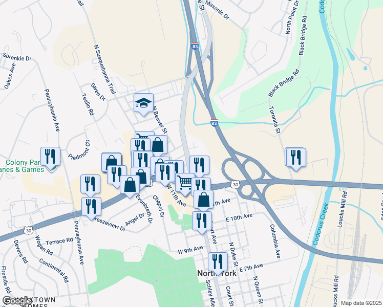 map of restaurants, bars, coffee shops, grocery stores, and more near 6 Frelen Road in York