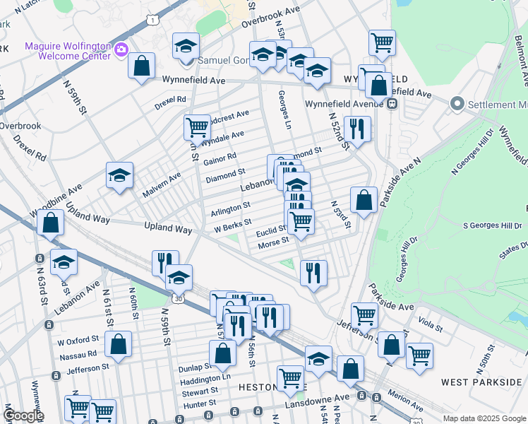 map of restaurants, bars, coffee shops, grocery stores, and more near 5445 West Berks Street in Philadelphia