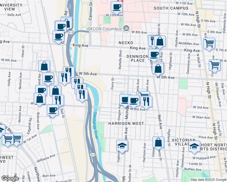 map of restaurants, bars, coffee shops, grocery stores, and more near 495 W 4th Ave in Columbus