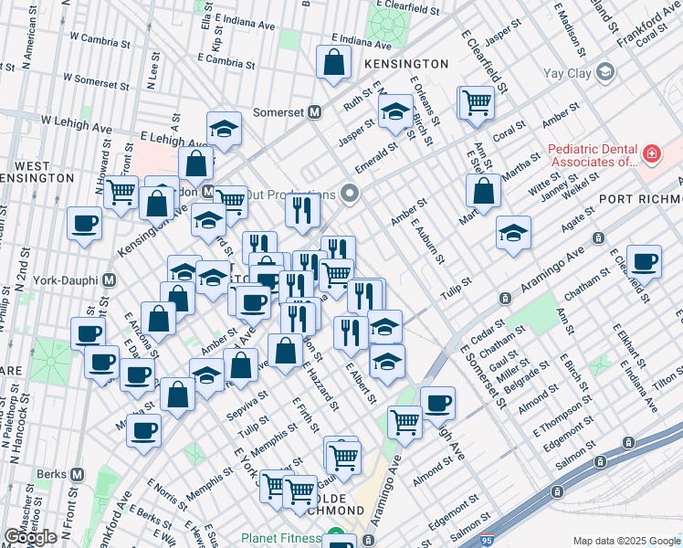 map of restaurants, bars, coffee shops, grocery stores, and more near 2125 East Lehigh Avenue in Philadelphia