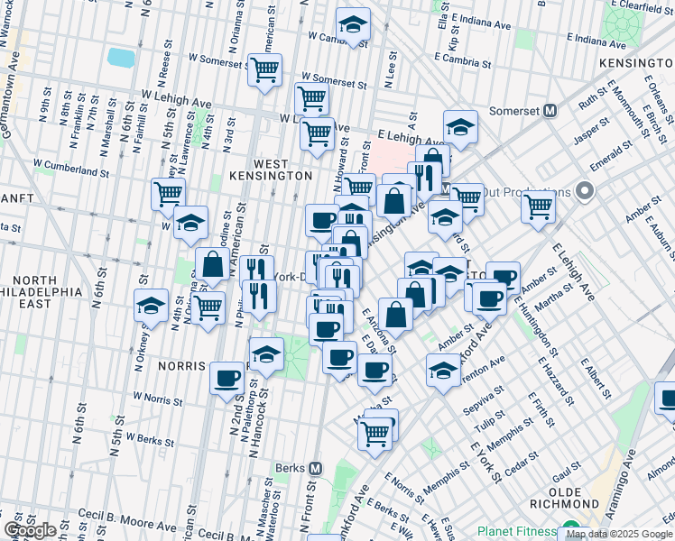 map of restaurants, bars, coffee shops, grocery stores, and more near 2365 North Hope Street in Philadelphia