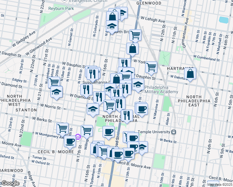 map of restaurants, bars, coffee shops, grocery stores, and more near 2142 North Carlisle Street in Philadelphia