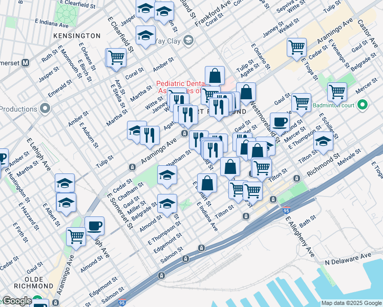 map of restaurants, bars, coffee shops, grocery stores, and more near 3073 Chatham Street in Philadelphia