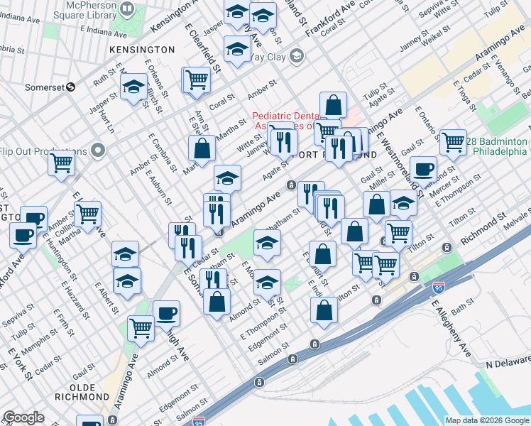 map of restaurants, bars, coffee shops, grocery stores, and more near 3006 Cedar Street in Philadelphia