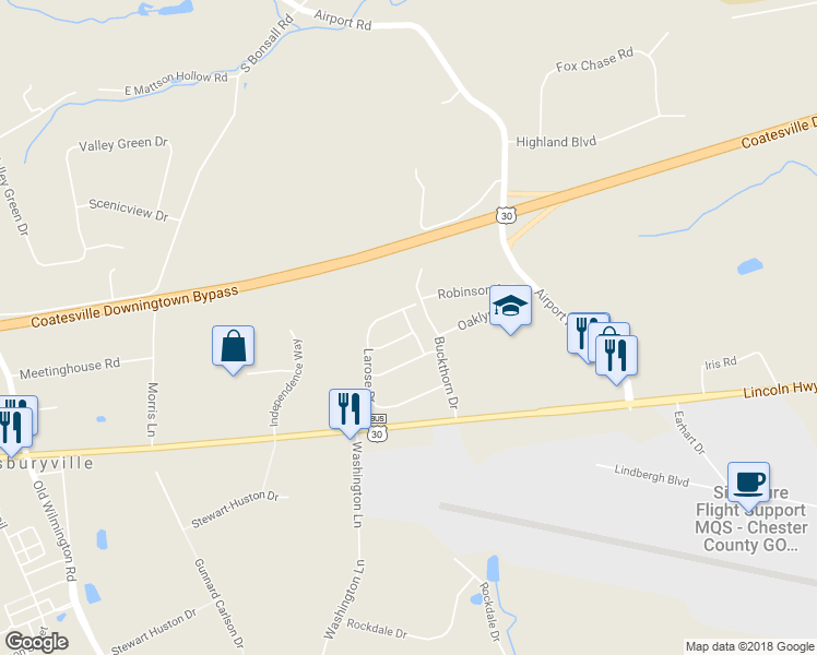 map of restaurants, bars, coffee shops, grocery stores, and more near 599 Tifton Lane in Chester County