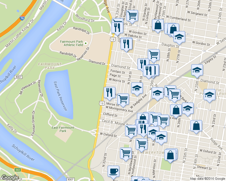 map of restaurants, bars, coffee shops, grocery stores, and more near 3210 Monument Street in Philadelphia