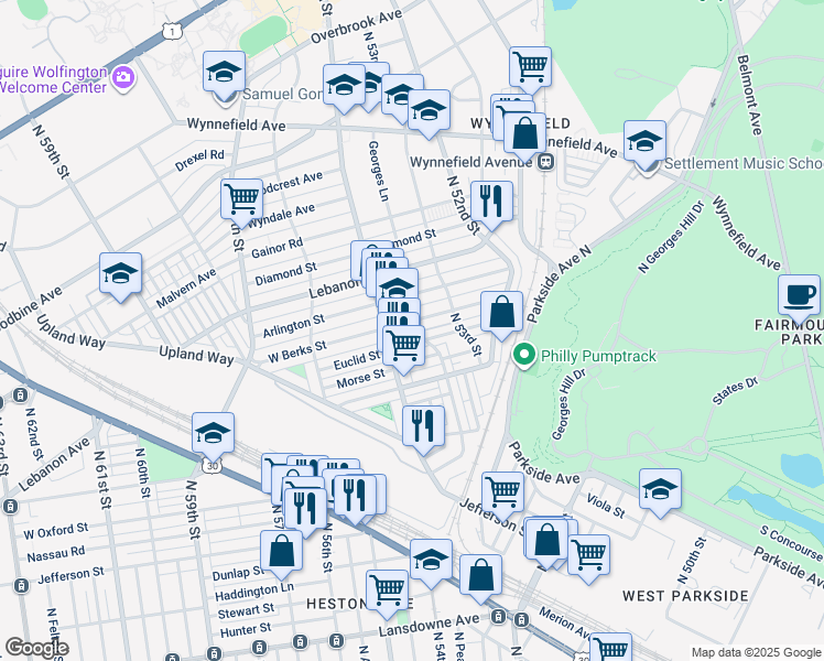 map of restaurants, bars, coffee shops, grocery stores, and more near 5352 West Berks Street in Philadelphia