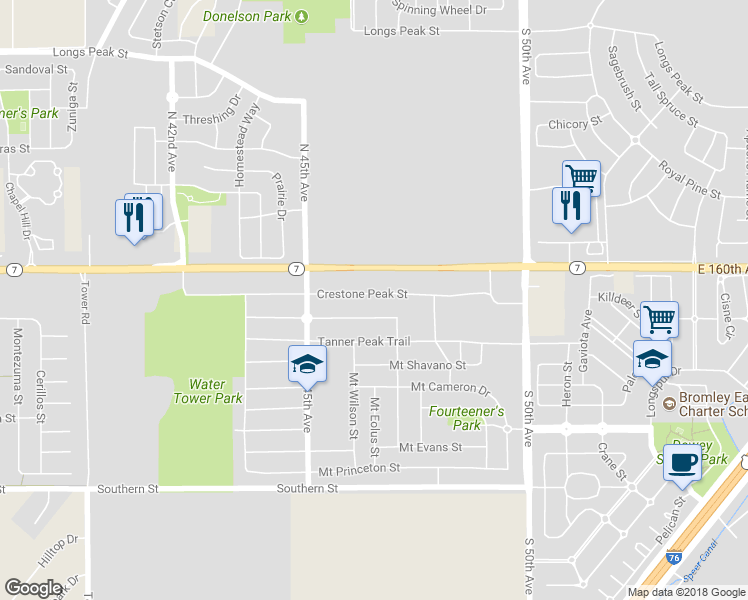 map of restaurants, bars, coffee shops, grocery stores, and more near 4656 Crestone Peak Street in Brighton