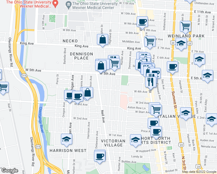 map of restaurants, bars, coffee shops, grocery stores, and more near 231 West 4th Avenue in Columbus