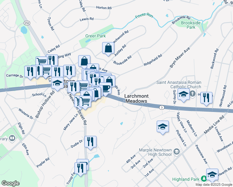 map of restaurants, bars, coffee shops, grocery stores, and more near in Delaware County
