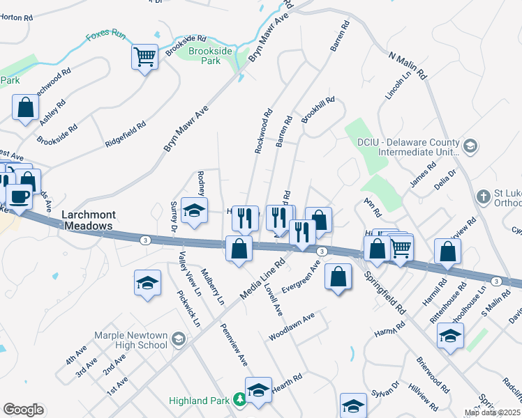 map of restaurants, bars, coffee shops, grocery stores, and more near 24 Barren Road in Newtown Square