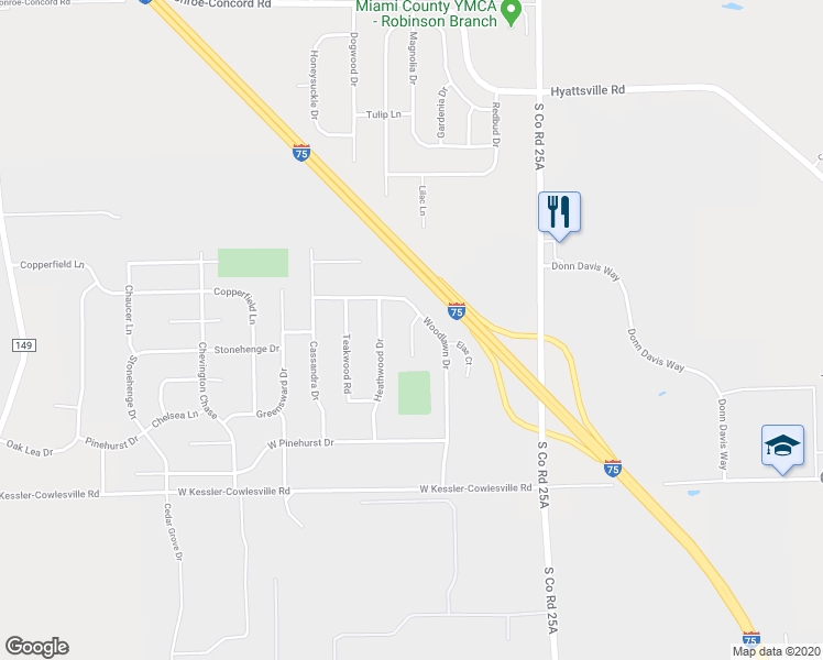 map of restaurants, bars, coffee shops, grocery stores, and more near 215 Fairlawn Court in Tipp City