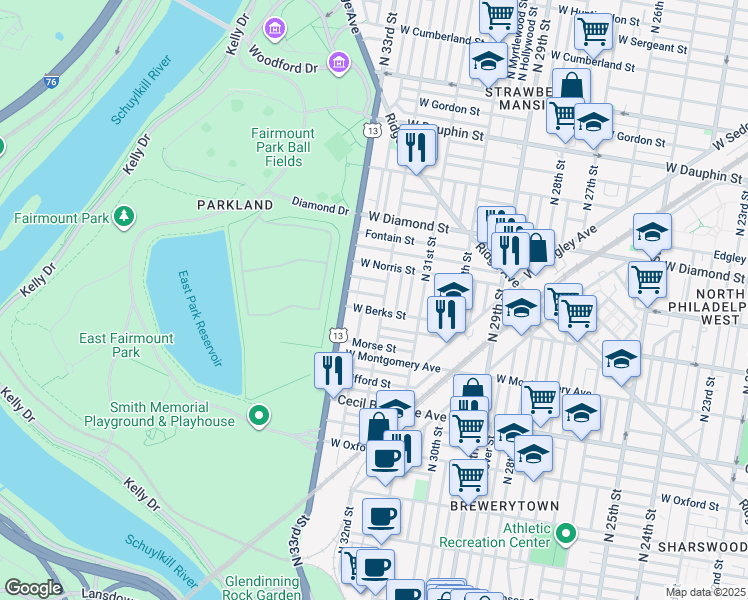 map of restaurants, bars, coffee shops, grocery stores, and more near 3210 Monument Street in Philadelphia