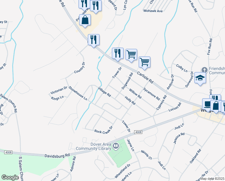 map of restaurants, bars, coffee shops, grocery stores, and more near 3620 Holly Road in Dover
