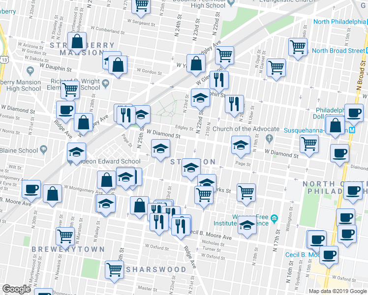 map of restaurants, bars, coffee shops, grocery stores, and more near 2222 Fontain Street in Philadelphia