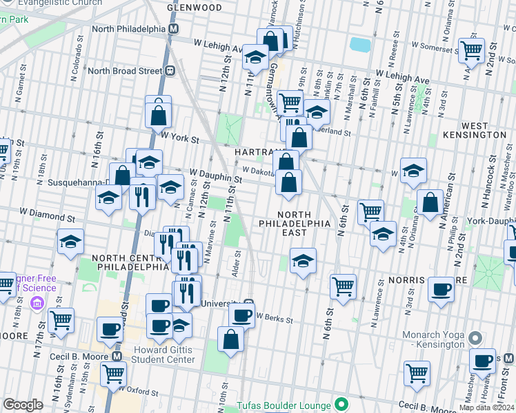 map of restaurants, bars, coffee shops, grocery stores, and more near 2219 North 10th Street in Philadelphia