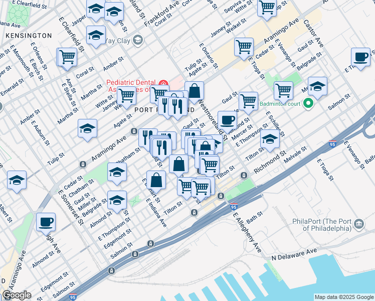 map of restaurants, bars, coffee shops, grocery stores, and more near 2548 East Allegheny Avenue in Philadelphia