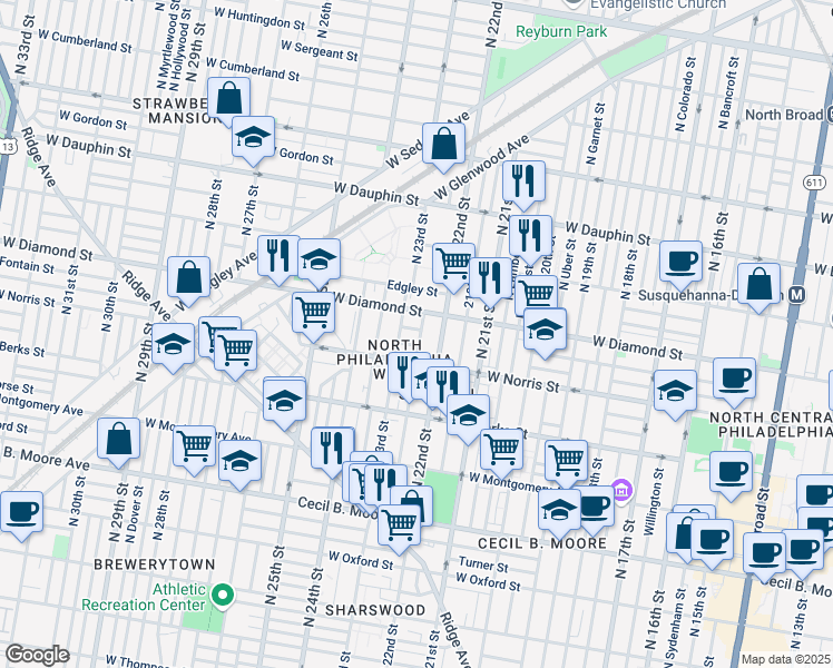 map of restaurants, bars, coffee shops, grocery stores, and more near 2222 Fontain Street in Philadelphia