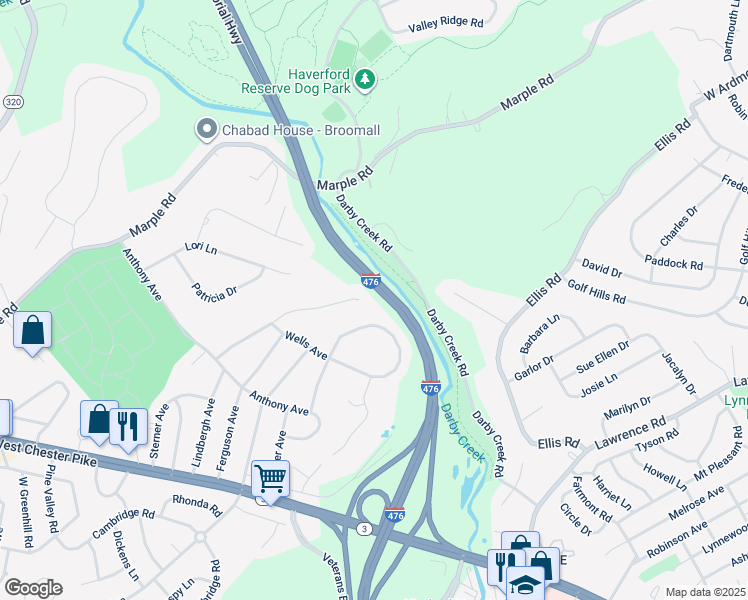map of restaurants, bars, coffee shops, grocery stores, and more near 213 Lindbergh Avenue in Broomall