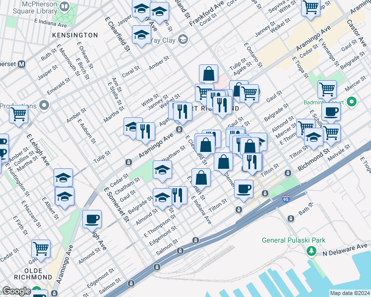 map of restaurants, bars, coffee shops, grocery stores, and more near 3073 Chatham Street in Philadelphia
