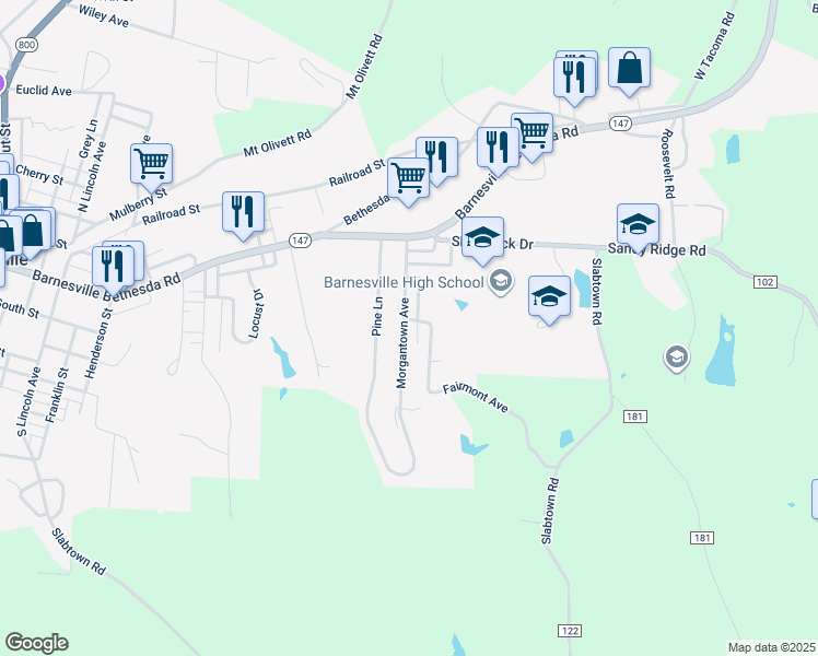 map of restaurants, bars, coffee shops, grocery stores, and more near 303 Morgantown Avenue in Barnesville
