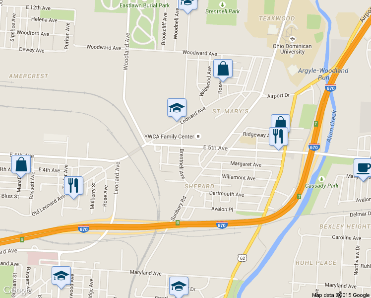 map of restaurants, bars, coffee shops, grocery stores, and more near 2041 E 5th Ave in Columbus