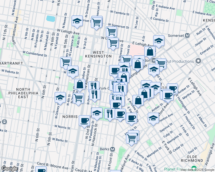 map of restaurants, bars, coffee shops, grocery stores, and more near 2330 North Mascher Street in Philadelphia