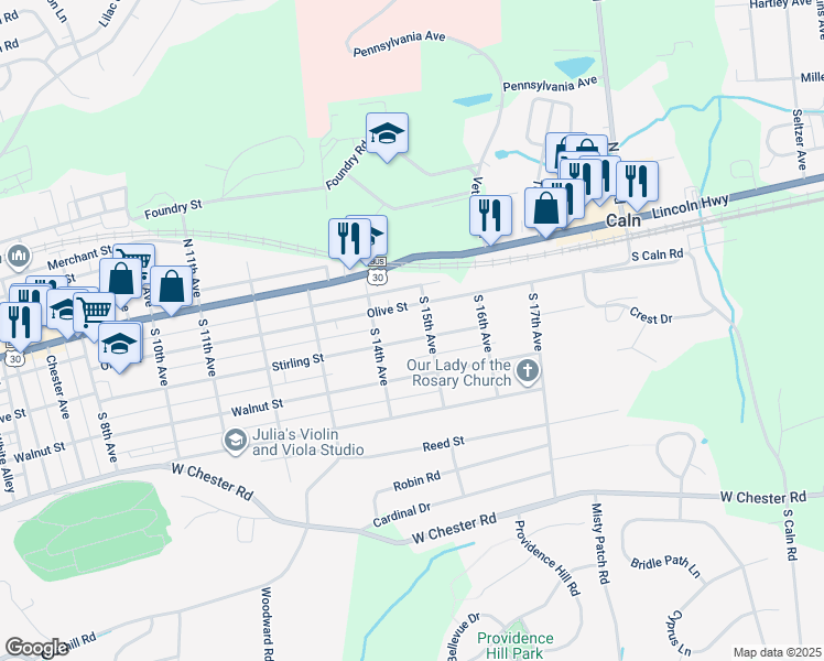 map of restaurants, bars, coffee shops, grocery stores, and more near 1418 Stirling Street in Coatesville